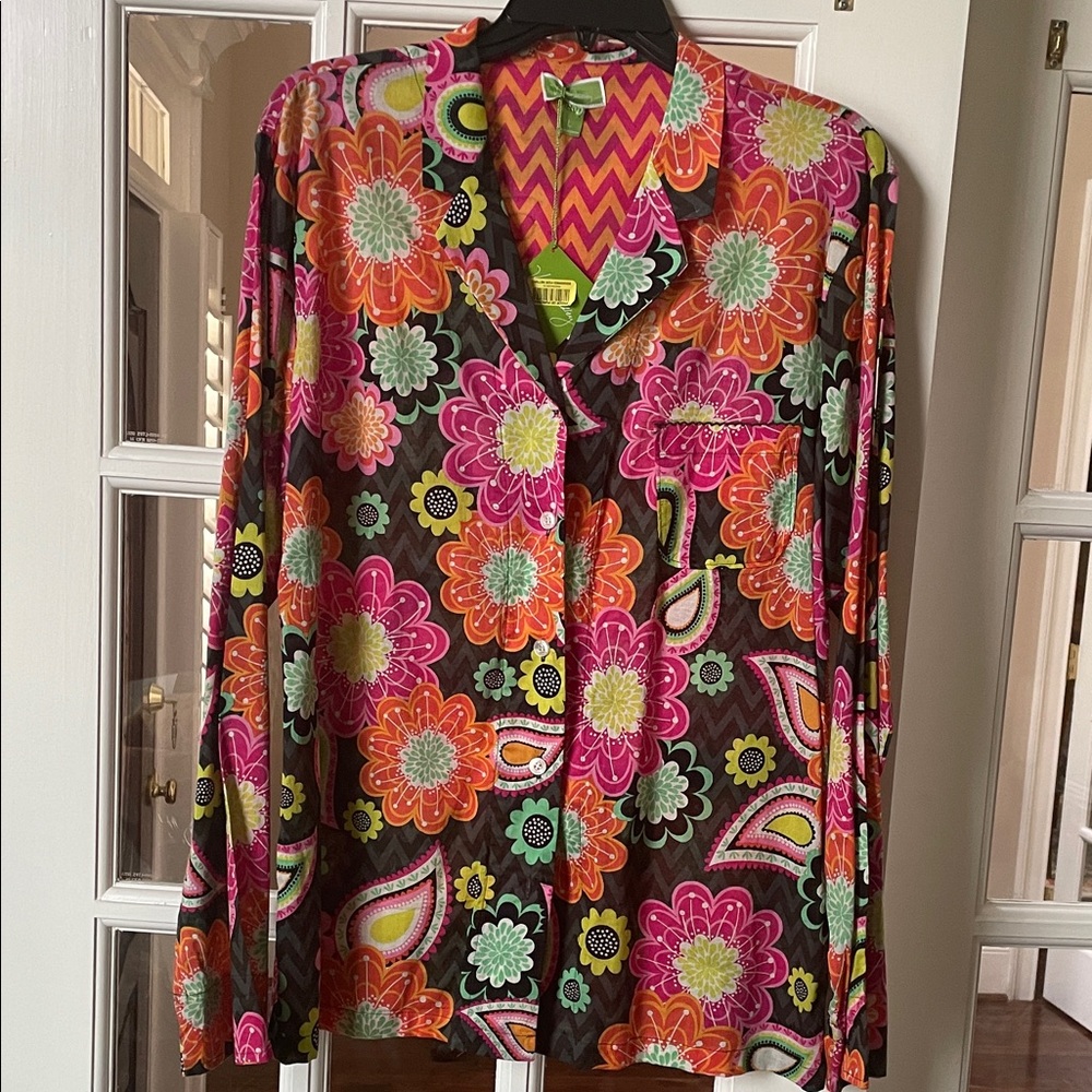 Vera Bradley Ziggy Zinnia Floral Button-Down Shirt in Pink, Orange, Green, Brown